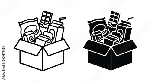 Set of snack box icons, including a line art version and a solid black silhouette version, featuring various food items
