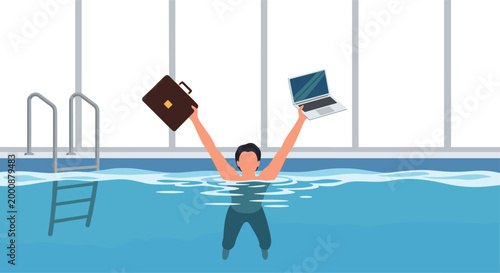 Businessman struggles in a swimming pool while holding his briefcase and laptop high above the water to represent work-life balance challenges.