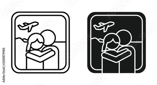Couple hugging at the airport, icon of people embracing before a flight, vector illustration