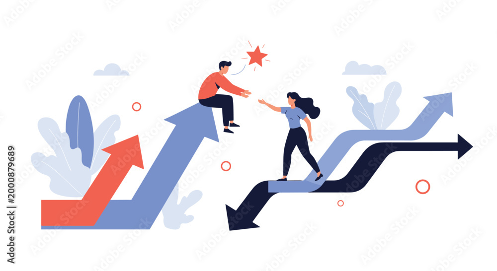 Obraz premium Man sitting on a blue arrow helps a woman step up from a different path, representing mentorship, support, and professional collaboration.