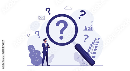 Pensive businessman stands before a giant magnifying glass containing a question mark, representing searching for answers and problem solving.