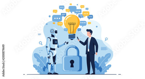 Human and a robot collaborate near a large padlock and a glowing lightbulb, representing artificial intelligence security and innovative ideas.