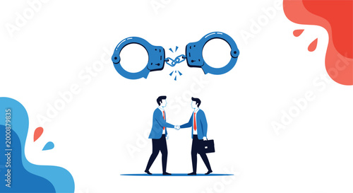 Two businessmen shaking hands while broken handcuffs float above them representing freedom from legal issues or successful conflict resolution.
