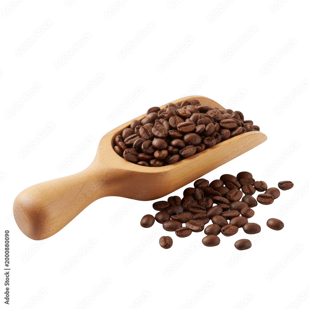 Fototapeta premium Wooden scoop filled with roasted coffee beans isolated on a transparent background