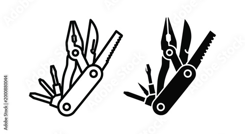 Multitool icons set, vector illustration of a folding pocket knife with pliers, saw, and screwdrivers