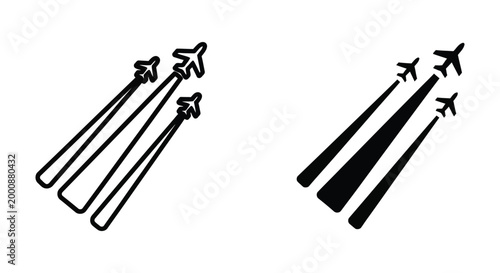 Set of airplane icons with contrails, vector illustration of aircraft flying in formation