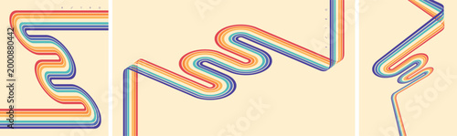 A retro 1970s-style background. Colorful lines. Abstract, dynamic curved ribbons. A serpentine curve of a race track. Designed for posters or banners for sports competitions. Vector illustration.