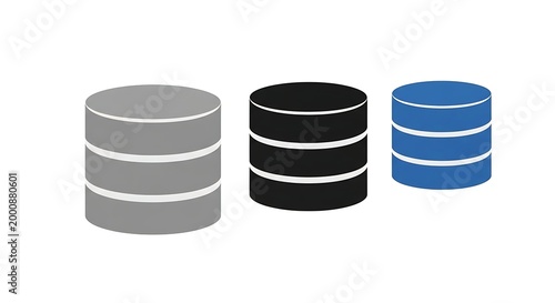 Three cylindrical database storage units in gray black blue colors with database cylindrical technology computing