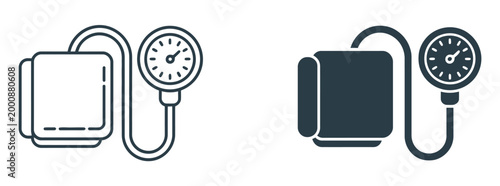 Blood pressure monitor icon set, line and solid icons, modern flat and outline styles representing heart rate and pressure tracking for apps