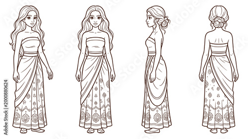 Fotografía Indian woman character in traditional costume, front, side, and back views