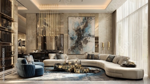 Luxurious contemporary living room featuring curved seating and abstract artwork