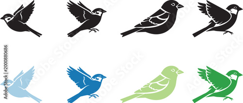 sparrow bird icon, solid black, white background, minimalist, sharp edges, vector style.