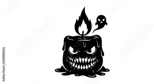 Scary Halloween Candle Monster with Ghost, Black and White Vector