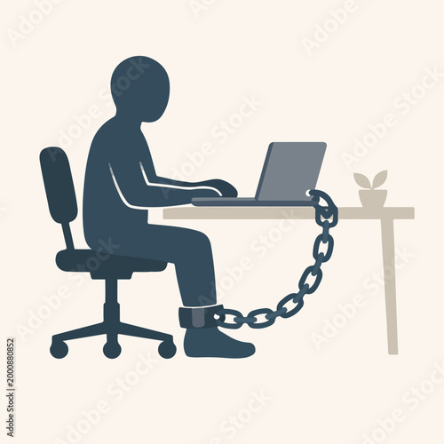 Remote Work Trap Concept with Laptop Chained to Employee Ankle Inside Home Office Symbolizing Work Life Imbalance and Digital Dependence Illustration