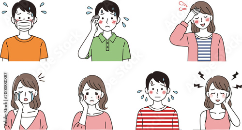 Illustration of People Showing Symptoms of Illness with Fever, Headache, and Fatigue for Health, Medical, and Wellness Designs