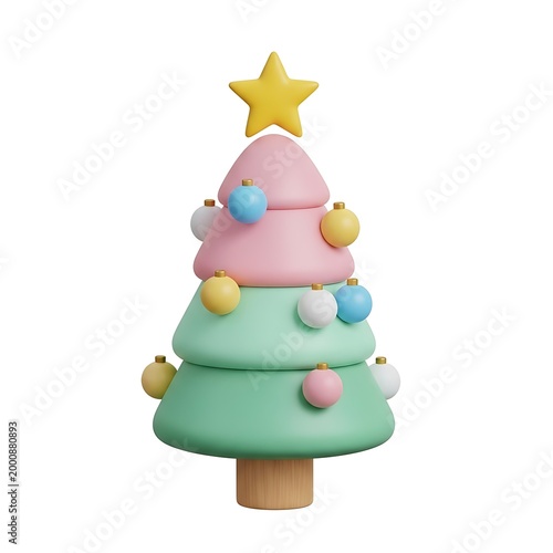 3D rendered christmas tree with colorful ornaments and star topper 3D render tree decoration holiday season ornament set 3D render ornaments