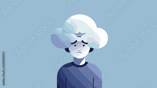 Sad character with cloud hairstyle expressing emotions on pastel blue background