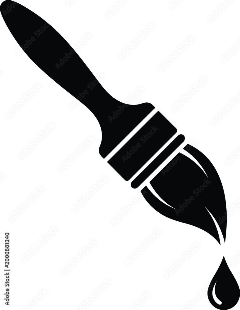 Fototapeta premium Minimalist Paint Brush Icon with Paint Drop Silhouette, Flat Black Vector Design Element