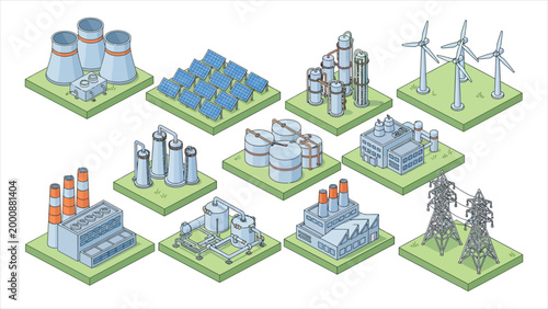 Isometric set of industrial buildings, renewable energy plants and power grid infrastructure.