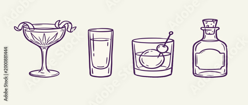 Wine bottle and glasses hand drawn logo vector illustration