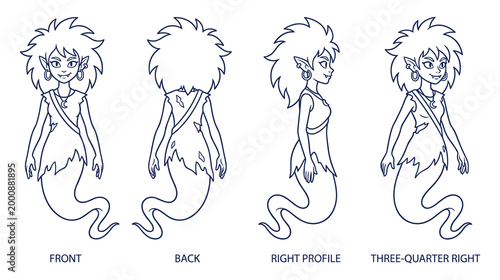 Fantasy creature character design ghost girl turnaround sheet reference.