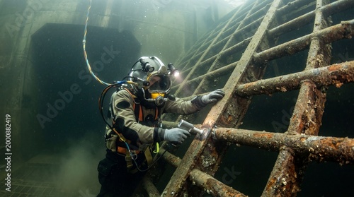 Underwater diver inspects rusty industrial structure with welding tool