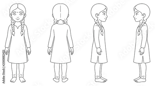 Картината върху платно Indian girl character turnaround illustration with traditional braids