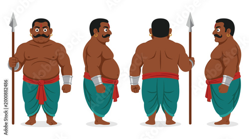 Colored warrior character turnaround with spear and traditional cloth.