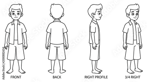Photos Cartoon boy character turnaround showing front back and profile views