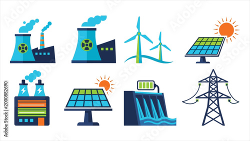 Vector set of energy production icons featuring solar, wind, nuclear and hydro power
