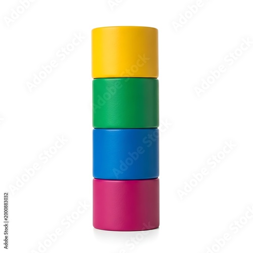 Colorful stacked cylindrical blocks on white background with cylindrical colorful children stacking background geometric arrangement playtime