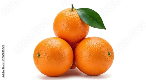 Three fresh oranges with green leaves on top nutritious tropical breakfast smoothie background arrangement photography