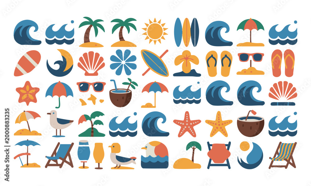 Fototapeta premium Beach travel icons vector pack isolated summer tropical collection