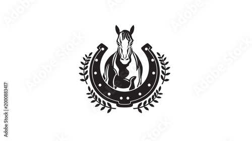 Horse head with horseshoe emblem and laurel wreath icon for vintage western logo design template featuring cowboy, ranch, equestrian with luck symbol