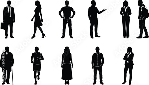 People silhouette set with business men women standing walking casual and corporate characters
