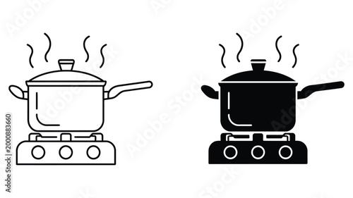 Boiling pot icon set, line art and silhouette for cooking and kitchen concepts, modern minimal icon pack representing cooking process