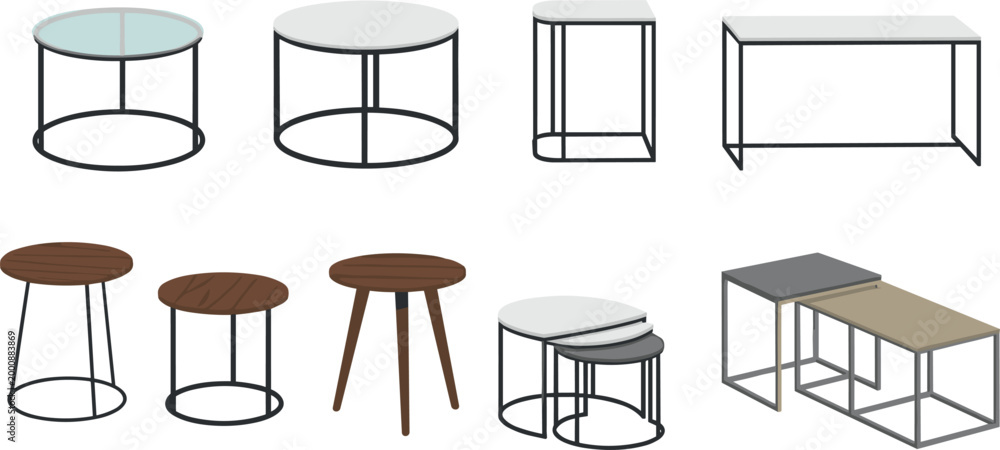 Fototapeta premium Set of Modern Coffee Tables with Metal Frames, Glass, and Wooden Tops in Various Shapes, Vector Illustration for Websites, Apps, and Digital Media Projects