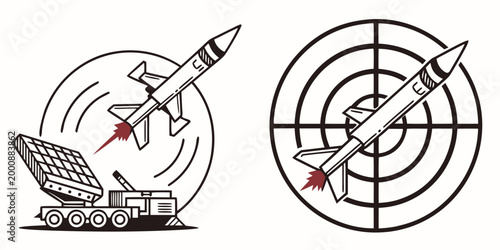 Military missile launch systems and ballistic rocket set with launcher military ballistic artillery tactical transport strategic equipment illustration isolated technology engineering