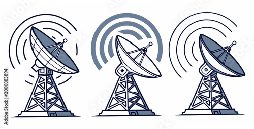 Set of radar communication and missile tracking system icons in linear style with defense grid detection system radio tower radar dish communication tracking transmitter military security