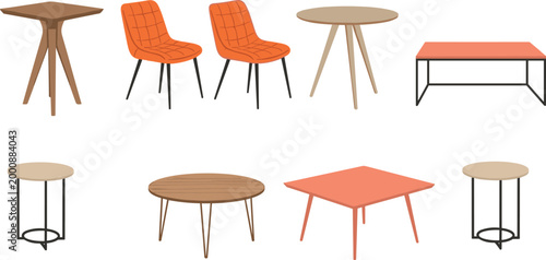 Set of Modern Coffee Tables, Dining Tables, and Chairs with Various Designs and Materials, Vector Illustration for Websites, Apps, and Digital Media Projects