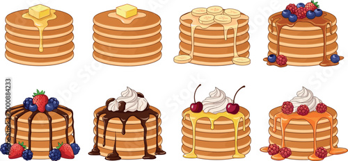 Set of Pancake Stack Illustrations with Butter, Fruit, Chocolate Syrup, and Whipped Cream Toppings for Websites, Apps, and Digital Media Projects