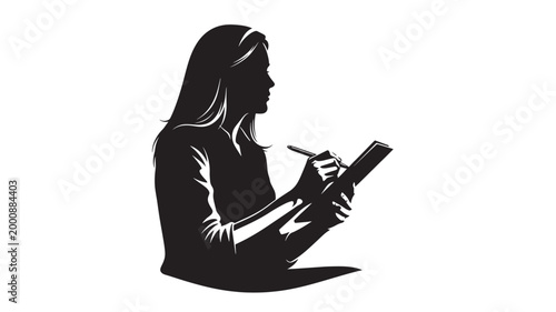 Woman reading book with notebook icon overlay in monochrome high contrast style for modern education branding