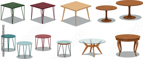 Set of Modern Coffee Tables with Various Shapes and Leg Designs, Vector Illustration for Websites, Apps, and Digital Media Projects