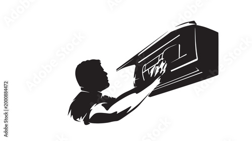 Train locomotive silhouette with engineer figure and motion lines for industrial railway transportation design icon