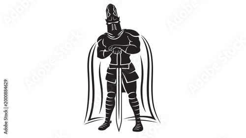 Knight warrior holding a sword and shield icon with gothic helmet, cape wings, and black line art silhouette