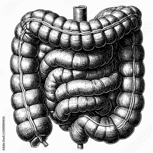 Detailed anatomical illustration of the human large intestine, showcasing its complex structure and segments for medical education
