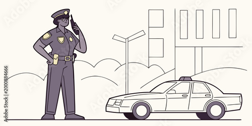 Police officer using radio communicator outdoors at night flat vector art with communicator policeman enforcement security protection patrolman authority illustration policework profession