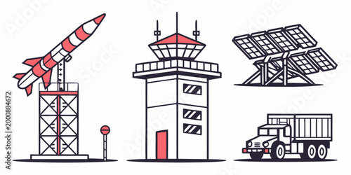 Collection of communication satellites and missile launching systems vector graphics with satellite communication technology transmitter broadcast military connection telecommunication