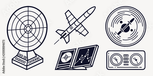 Set of military communication and missile radar systems flat vector icons with satellite communication military technology transmitter broadcast connection telecommunication strategic