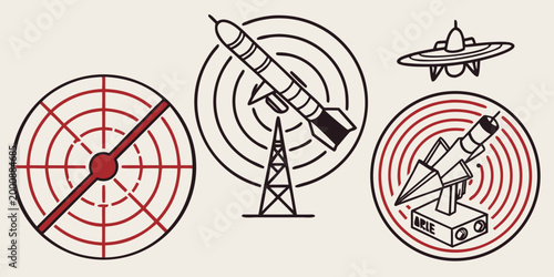 Aircraft and missile radar detection system targeting icons with aircraft targeting detection military aviation strategic tracking surveillance technology isolated collection security
